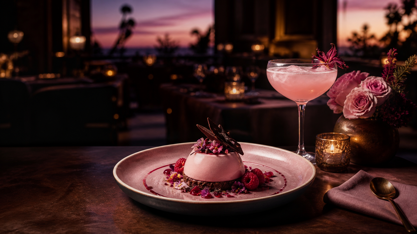 Postre de frambuesa y cóctel rosado en un restaurante mexicano
